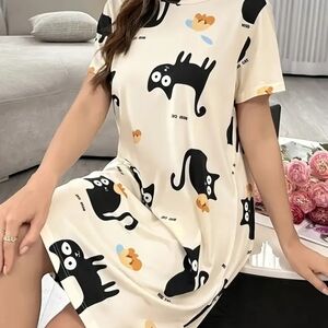 3/$30 Cat Print Cream Night Dress Sleepwear